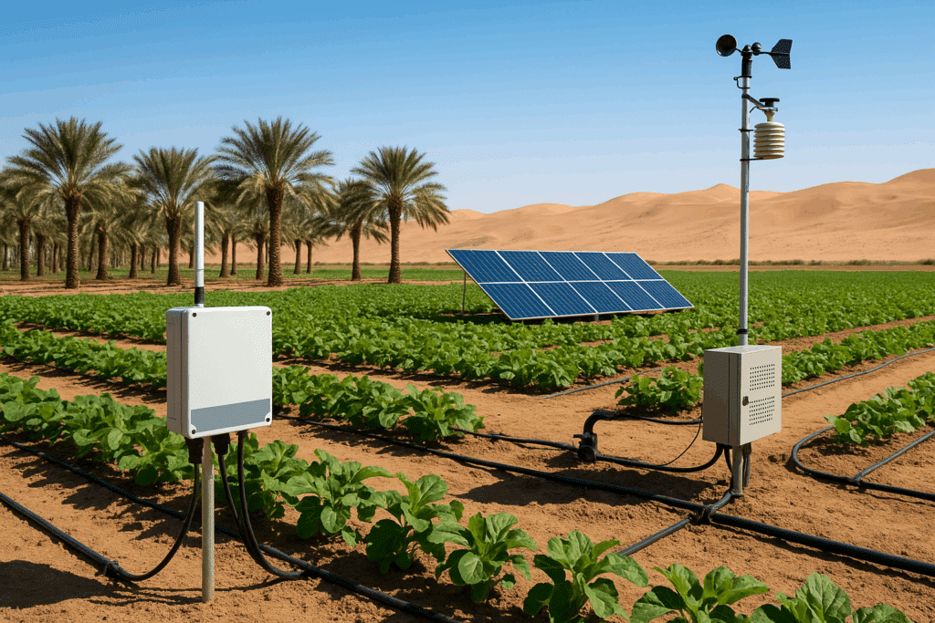 Solar panels in desert agricultural field