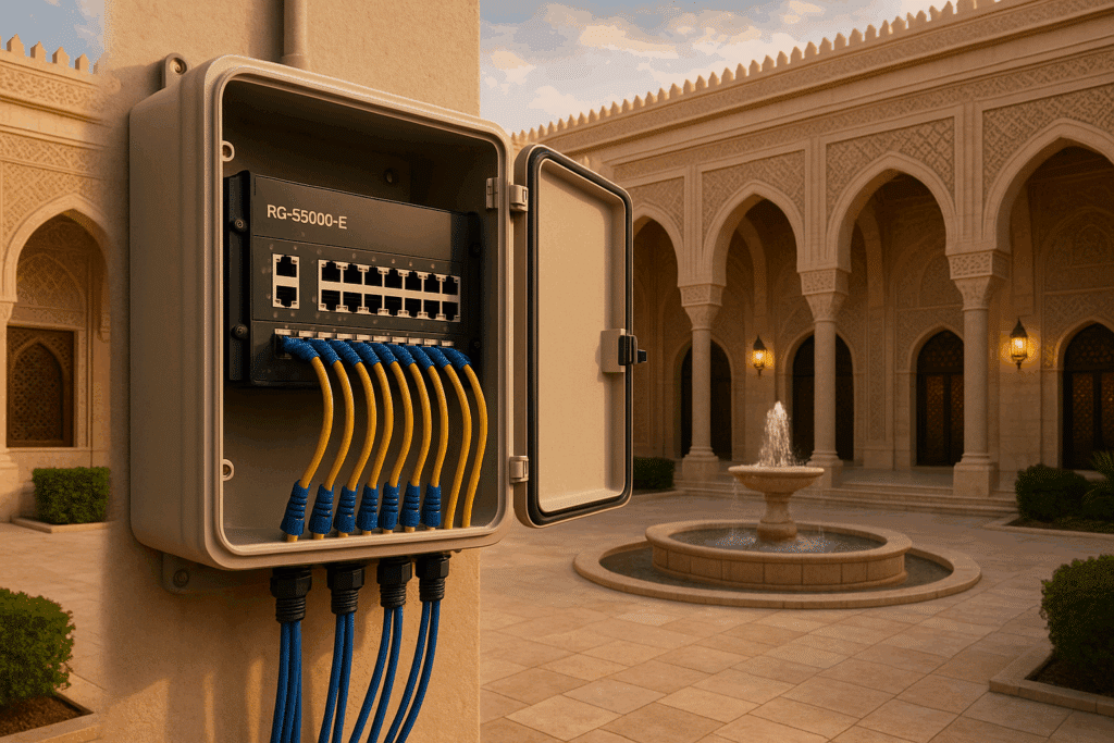 Network switch in ornate courtyard setting